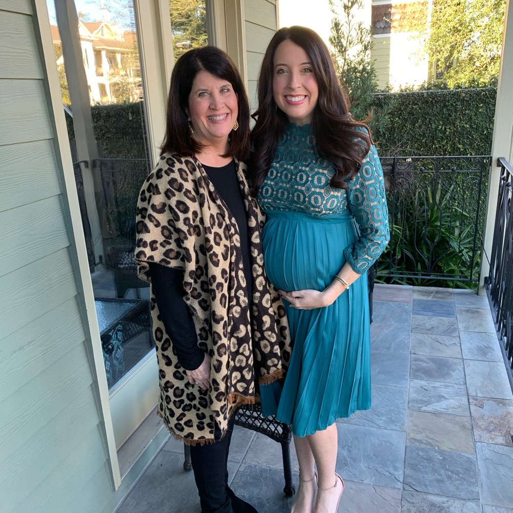 Beautiful maternity dress in teal with nude underlay